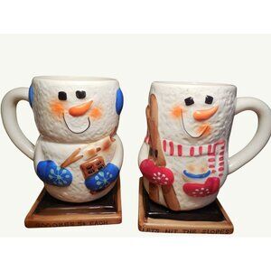 Vintage Snowman Ceramic Hot Chocolate Mugs Set Of 2